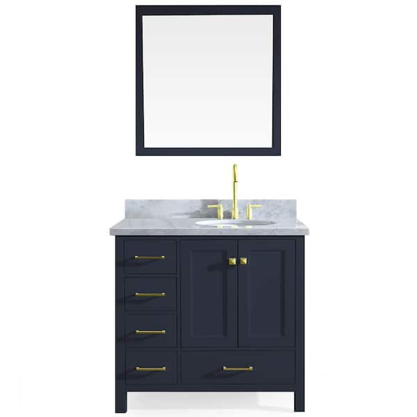 ARIEL Cambridge 37 in. W x 22 in. D Vanity in Midnight Blue with Marble Vanity Top in White with White Basin and Mirror