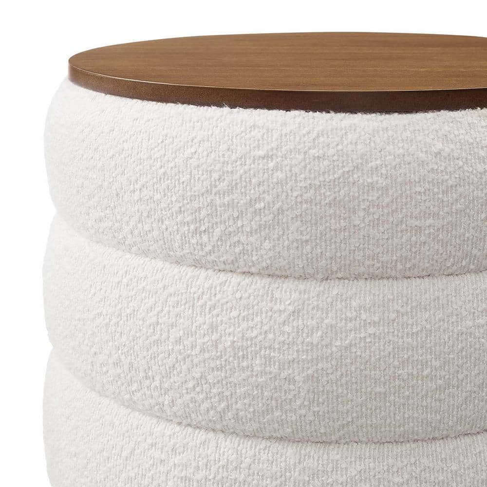 Cloud Boucle Fabric Round Storage Ottoman with Wood Grain Veneer Lid