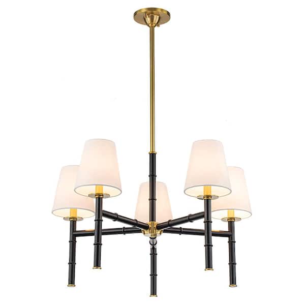 Y'INSP 5-Light Aged Brass with Black Mid-Century Modern Chandelier for Living Room with Cone Shade and No Bulbs Included