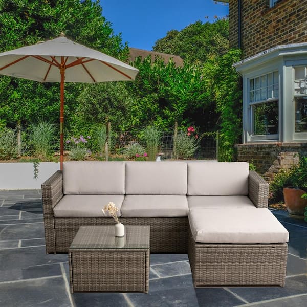 GOOEEN Light Grey 3-piece Resin Wicker Outdoor Sectional Sofa Patio Furniture Sets with Beige Cushions
