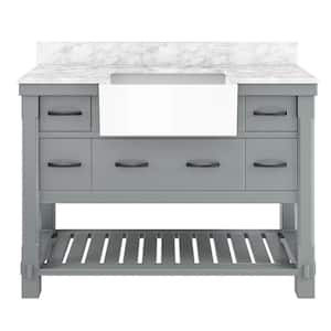 Solid Oak 48 in. W x 21 in. D x 38.9 in. H Freestanding Bath Vanity in Traditional White with Carrara Gray Marble Top