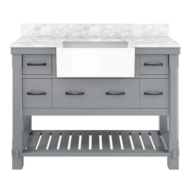 VANITYFUS Solid Oak 48 in. W x 21 in. D x 38.9 in. H Freestanding Bath Vanity in Traditional White with Carrara Gray Marble Top