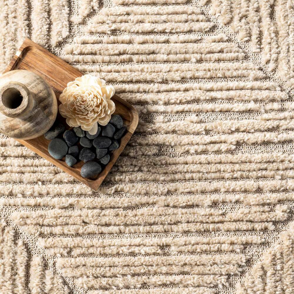 Kerry Beige Geometric Tasseled 7x9 Synthetic Area Rug
