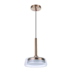 Centric 10 in. 10-Watt 1-Light Satin Brass Finish Integrated LED Dining/Kitchen Pendant-Light with Seeded Glass