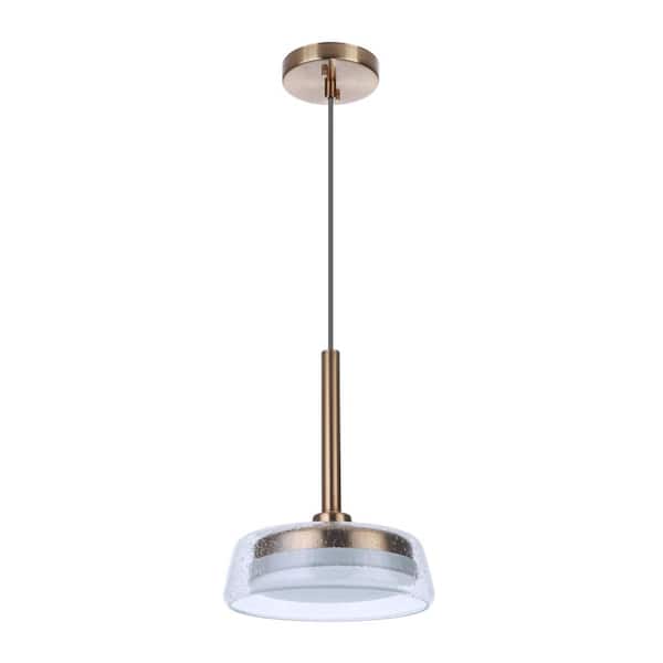CRAFTMADE Centric 10 in. 10-Watt 1-Light Satin Brass Finish Integrated LED Dining/Kitchen Pendant-Light with Seeded Glass