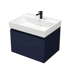 Sharp 23.6 in. W x 18.9 in. D x 22.9 in. H Modern Wall Mounted Bathroom Vanity in Night Blue with White Ceramic Top