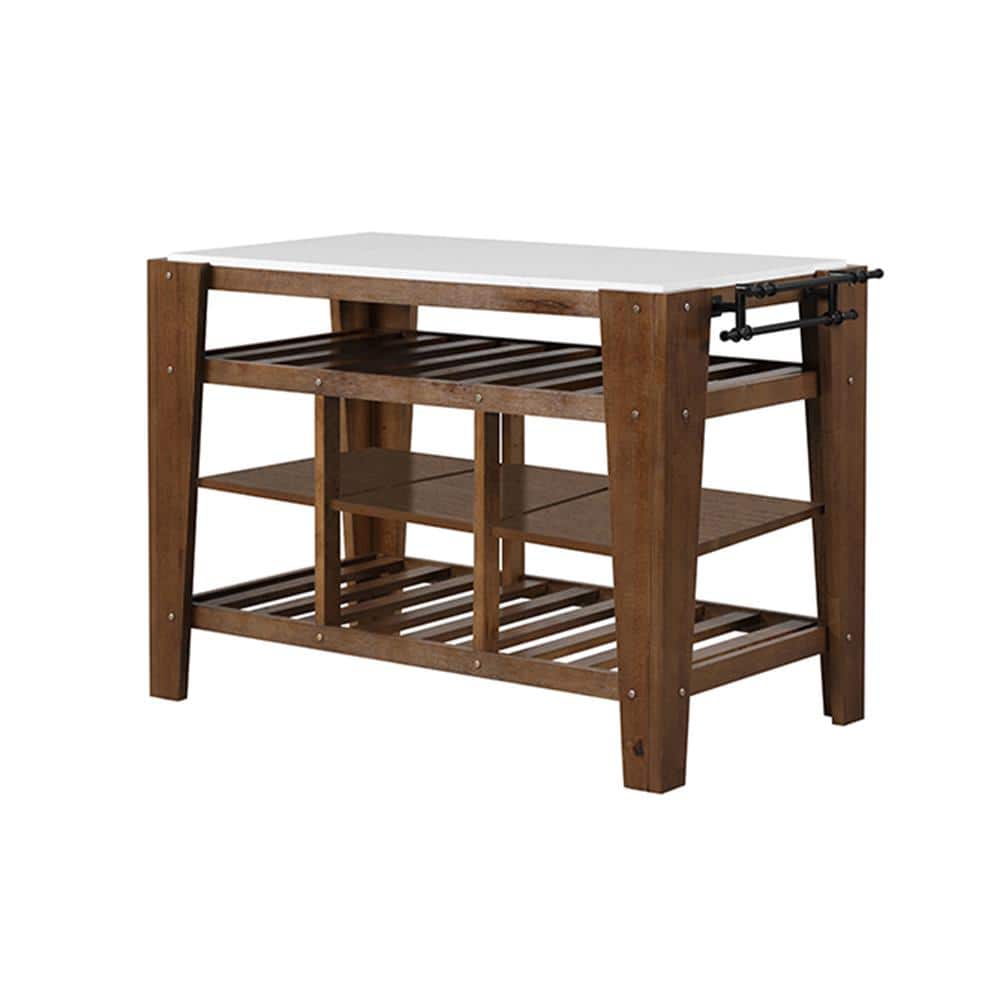 Rectangular Marble Top Kitchen Island with Shelves and Towel Rack