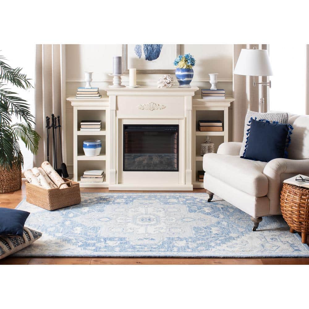 Ivory and Blue Square Tufted Wool Rug, 5' x 5'