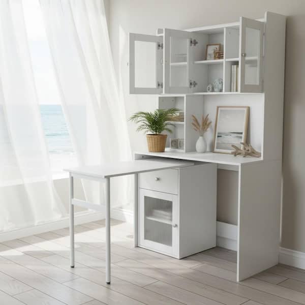 Homy Casa QUKO 39.3 in. Pearl White Writing Desk with Rotating
