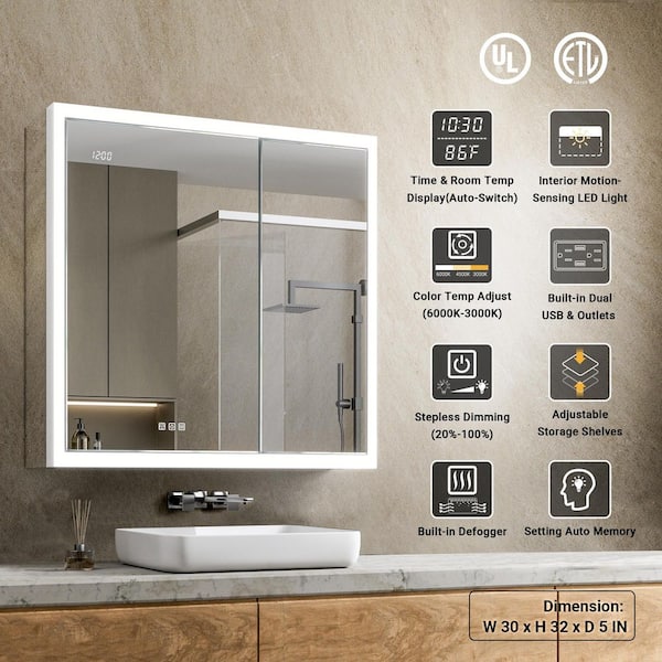 Elega 30 in. W x 32 in. H Rectangular Aluminum Recessed/Wall Mount Dimmable Fogless Lighted Medicine Cabinet with Mirror