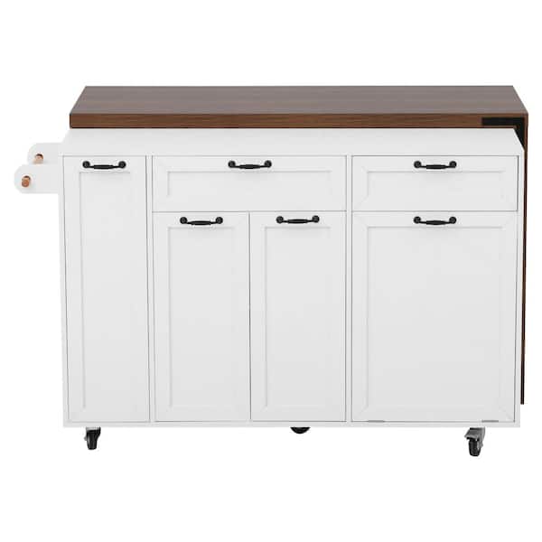 Cesicia White Wood 56.3 in. Farmhouse Kitchen Island on Extendable ...