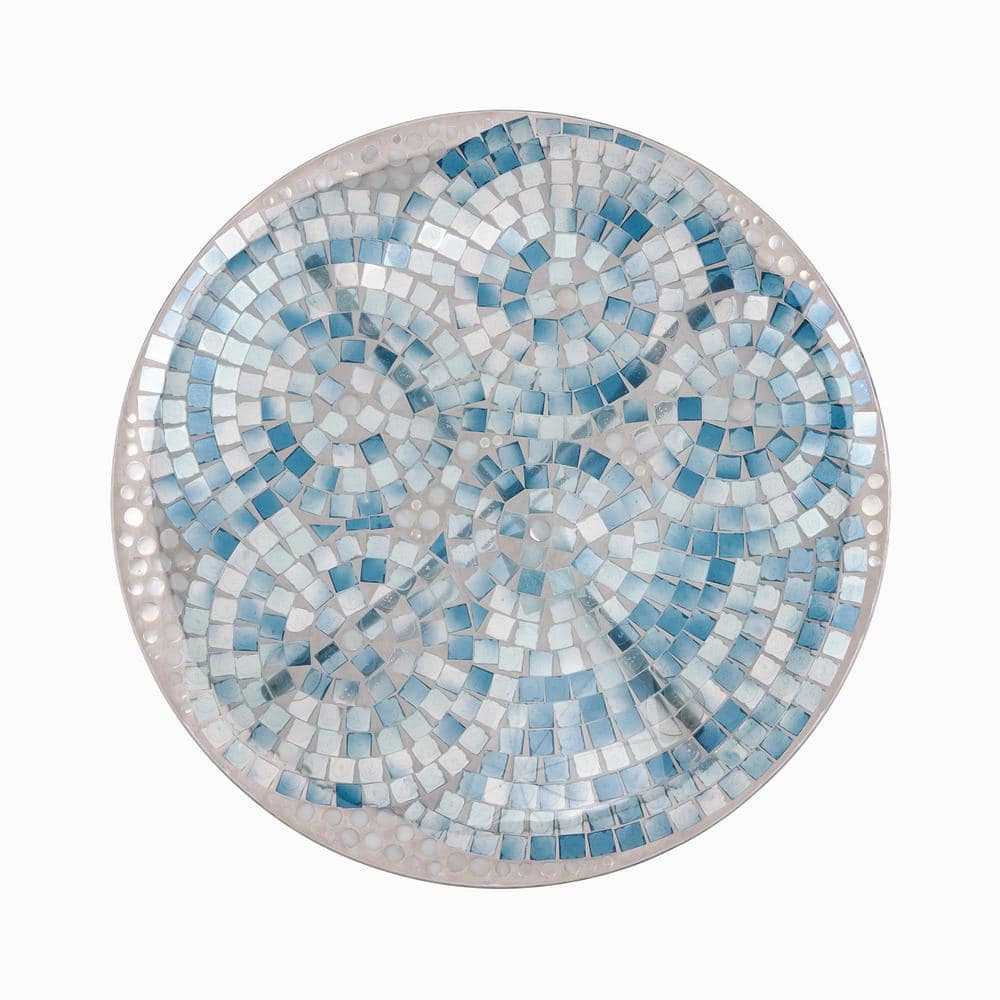 Blue Mosaic Glass Birdbath with Metal Stand, 24" Tall
