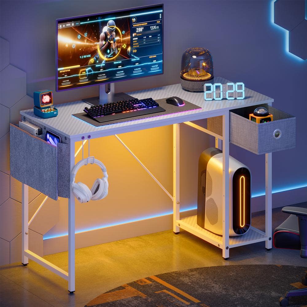 White Particle Board Computer Desk with Drawer and LED Light