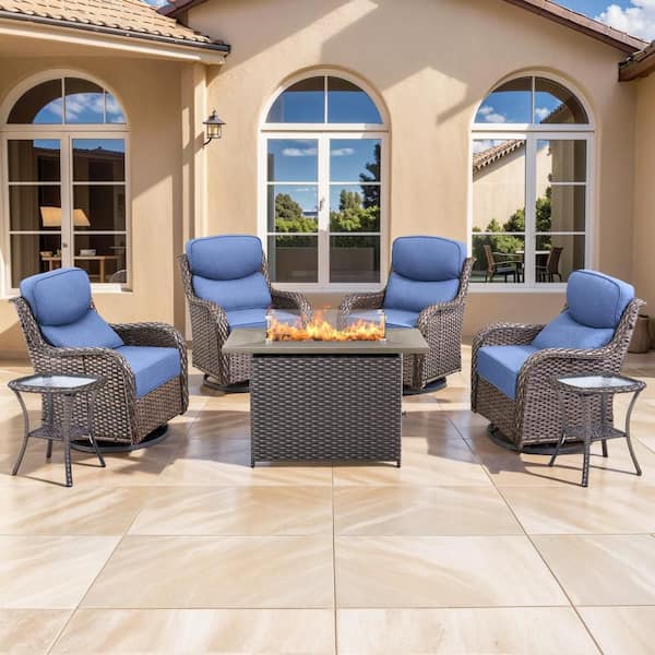 NovaSwivel 7-Piece Brown Wicker Patio Conversation Set Outdoor Fire Pit with 6 in. Blue Cushions and Swivel Gliders