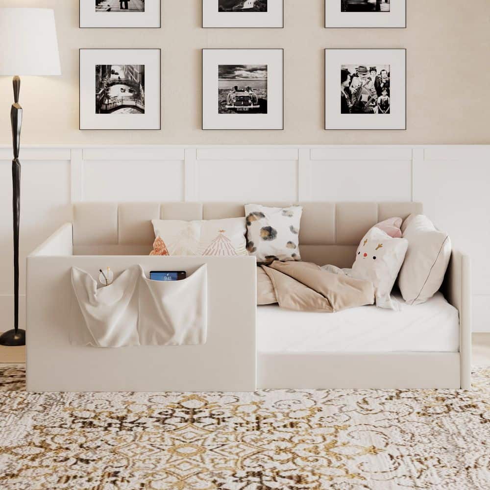 76.9 in Beige Velvet Twin Size Sofa Bed with High Side Panels, Side Entrance and Storage Pockets