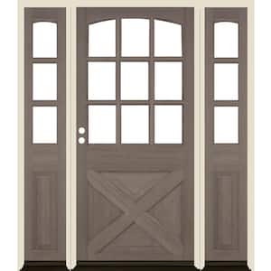 64 in. x 80 in. Farmhouse X Panel RH 1/2 Lite Clear Glass Grey Stain Douglas Fir Prehung Front Door with DSL