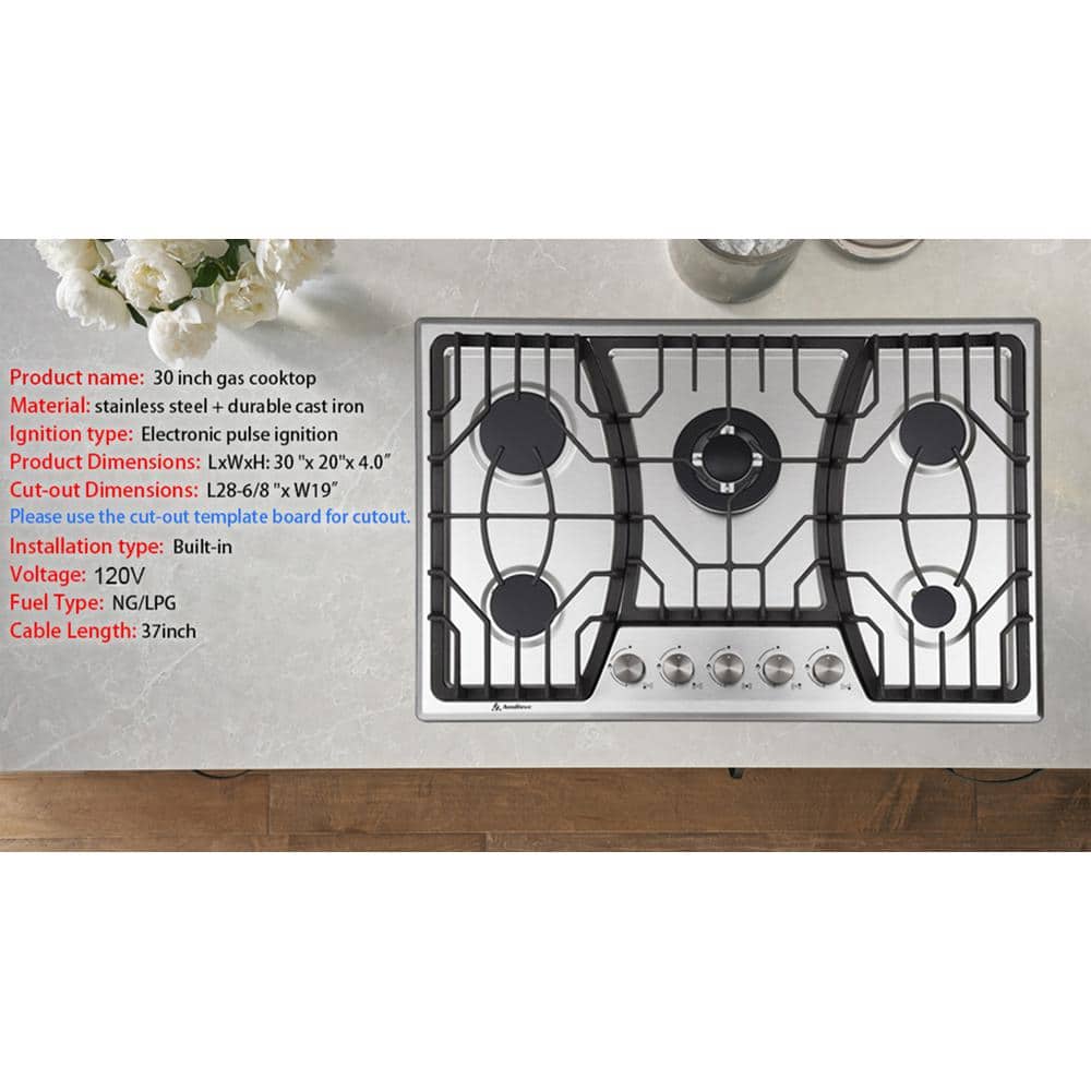 30-Inch Stainless Steel 5-Burner Gas Cooktop with Cast Iron Grates
