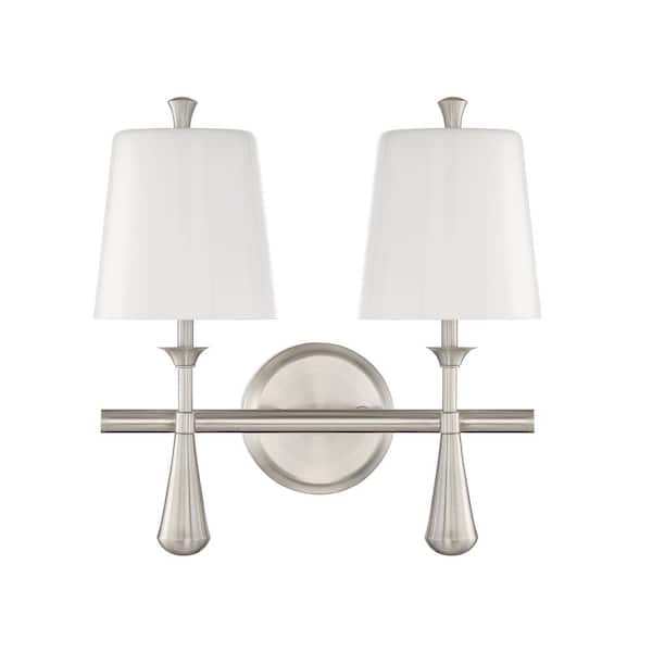 Palmer 14.25 in. 2 Light Brushed Polished Nickel Finish Vanity Light with White Opal Glass Shade