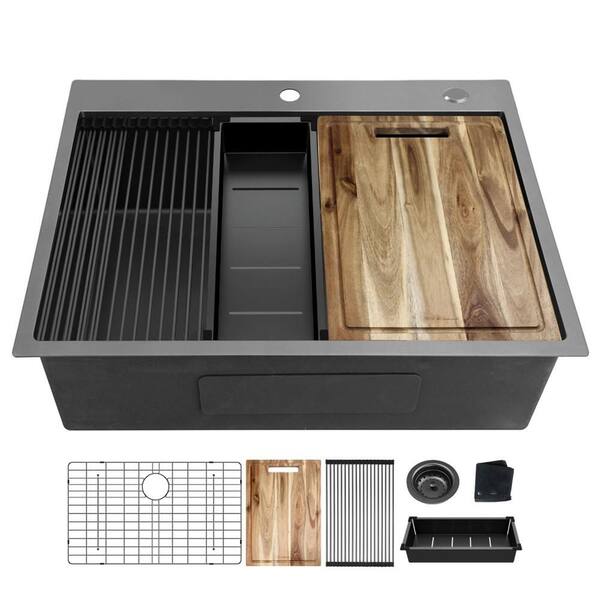 32 in. Drop-In Single Bowl 18-Gauge Gunmetal Black Stainless Steel Workstation Kitchen Sink with Accessories