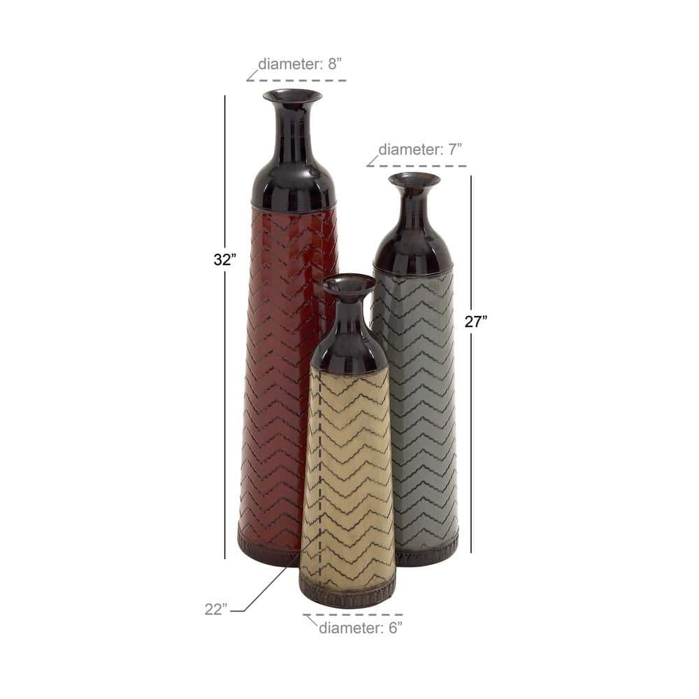 Tall Multi-Colored Metal Floor Vases with Chevron Pattern, Set of 3
