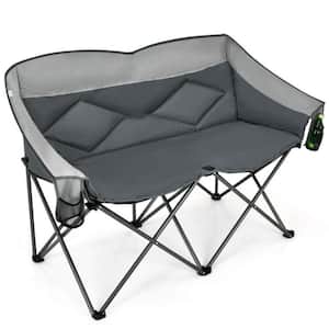 Gray Outdoor Folding Camping Loveseat Chair with Bags and Padded Backrest