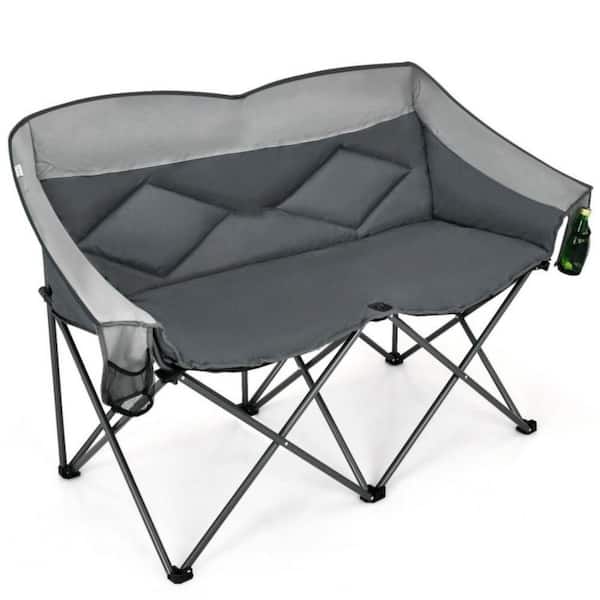 Alpulon Gray Outdoor Folding Camping Loveseat Chair with Bags and Padded Backrest