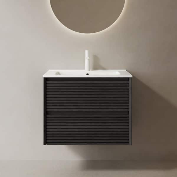 Ziyudura 24 in. Single Sink Floating Black Bath Vanity with White Ceramic Top, Pre-assembled