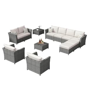 Bexley Gray 12-Piece Wicker Patio Conversation Seating Set with Fine-stripe Beige Cushions
