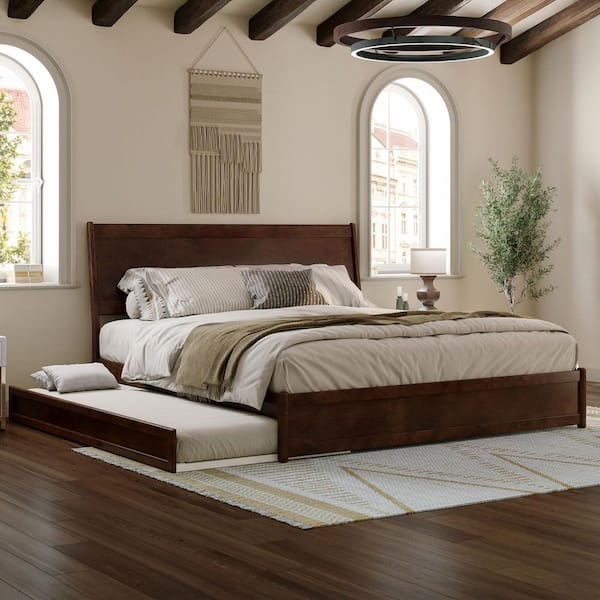 AFI Casanova Walnut Brown Solid Wood Frame King Platform Bed with Panel Footboard and Twin XL Trundle