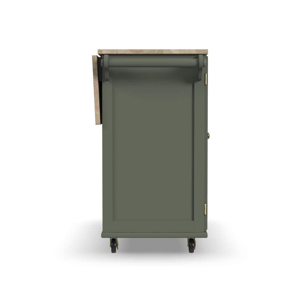 Sage Green Wood Kitchen Cart with Storage and Spice Rack