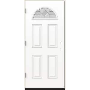 36 in. x 80 in. Right-Hand Fan Lite Decorative Glass Caldwell Modern White Fiberglass Prehung Front Door