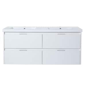 48 in. W Double Sink Wall Mounted Bath Vanity in White Straight Grain with White Resin Top