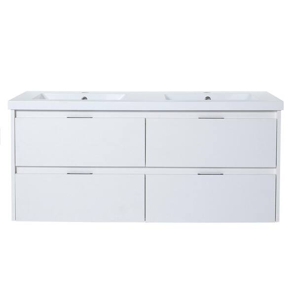 JimsMaison 48 in. W Double Sink Wall Mounted Bath Vanity in White Straight Grain with White Resin Top