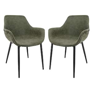 Markley Olive Green Modern Leather Dining Arm Chair with Black Metal Legs (Set of 2)