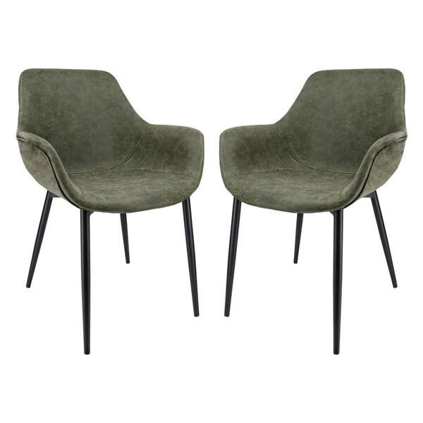 Leisuremod Markley Olive Green Modern Leather Dining Arm Chair with Black Metal Legs (Set of 2)