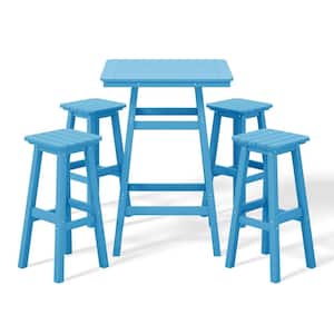 Laguna 5-Piece Fade Resistant HDPE Plastic Outdoor Patio Square Bar Height Pub Set, Matching Barstools in Pacific Blue