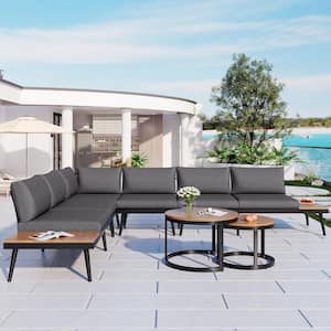 6-Piece Black Metal and Wood Outdoor Sectional Set with Gray Cushions and Round Nesting Coffee Tables