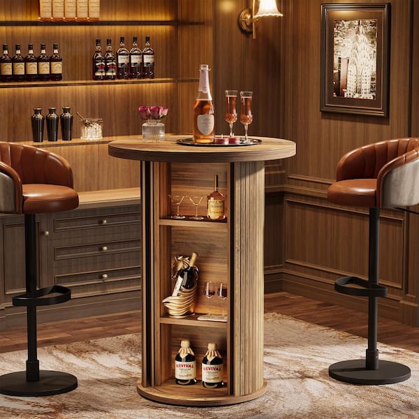 BYBLIGHT Kearsten Wooden Round Bar Table with 3-Tier Hidden