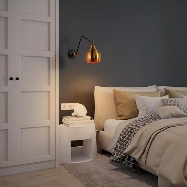 Plug-In/Hardwire Swing Arm Wall Light, 1-Light Modern Polished Brass Wall Sconce, Industrial Black Wall Sconce Lighting