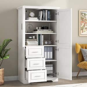 33 in. W x 20 in. D x 63 in. H White Wood Freestanding Linen Cabinet with Adjustable Shelves in White