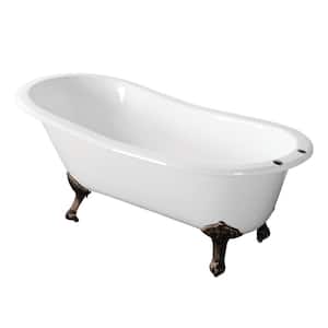 67 in. Cast Iron Single Slipper Clawfoot Bathtub in White with 7 in. Deck Holes, Feet in Oil Rubbed Bronze
