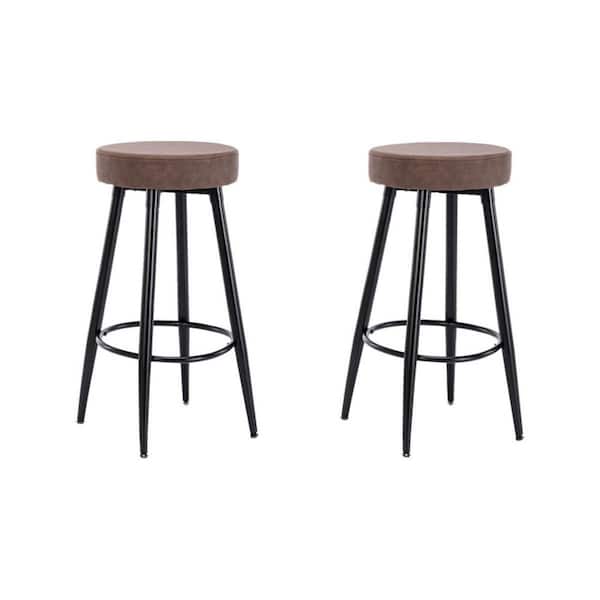Amucolo 28.3 in. Brown Backless Metal Round Kitchen Counter Bar Stool (Set of 2)