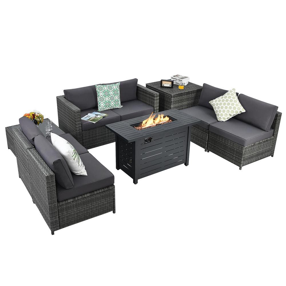 9-Pieces Rattan Dinning Set Wicker Patio Conversation Set w/60000 BTU Propane Fire Pit and Grey Cushions price history on PriceWatchPro