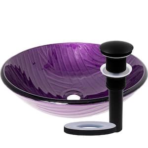 Viola Hand Painted Purple Glass Round Bathroom Vessel Sink with Drain in Matte Black