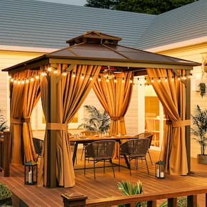 10 ft. x 10 ft. Brown Outdoor Gazebo Polycarbonate Double Roof with Aluminum Frame, Curtains and Netting for Patio