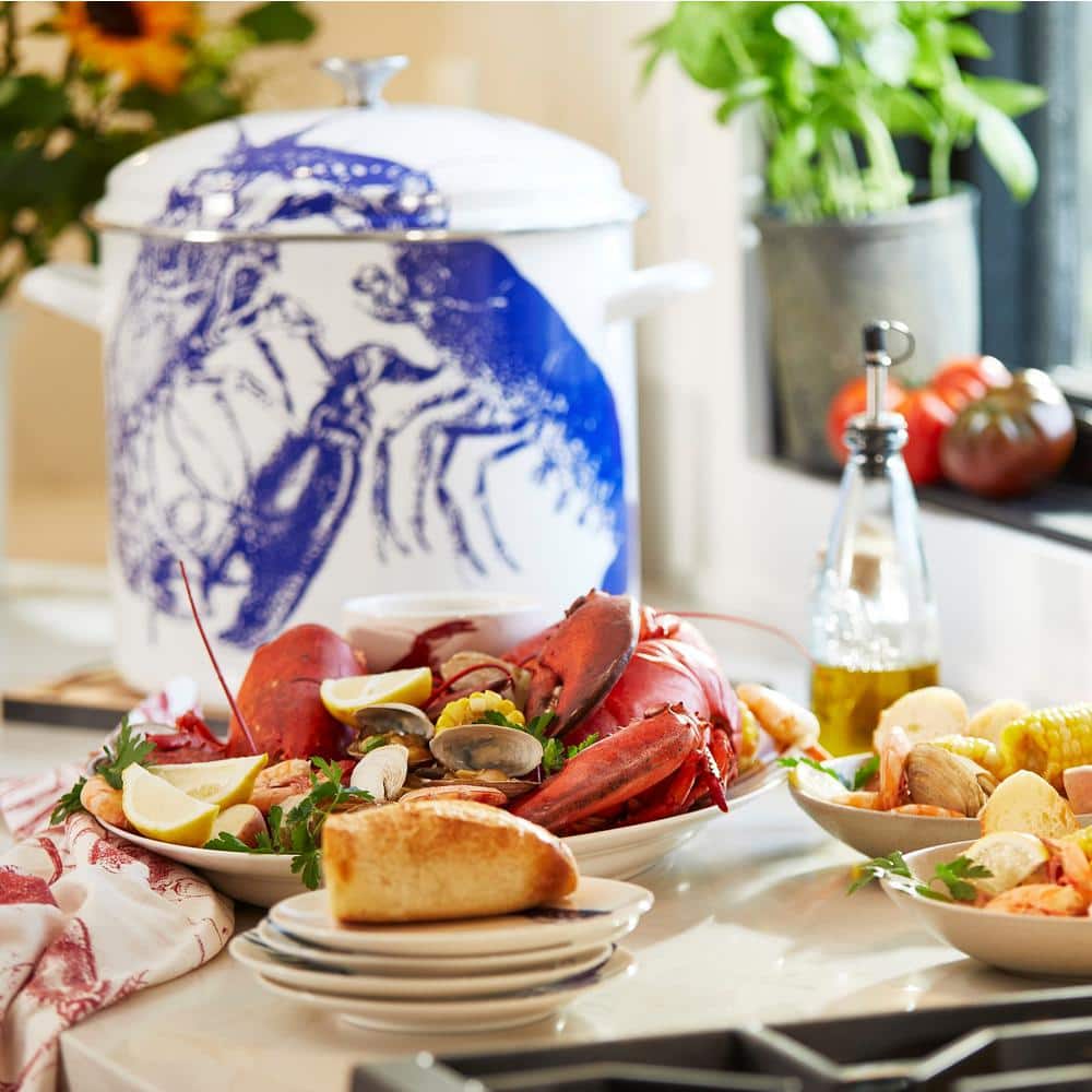 Blue Coastal Enamel Steel Stockpot with Lobster Print, 16 Qt.