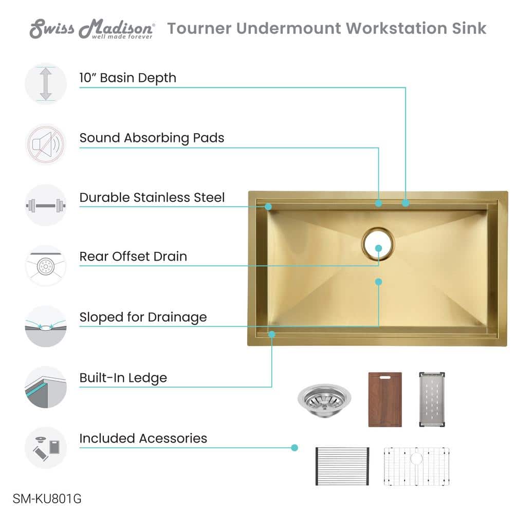 Tourner 32" Gold Stainless Steel Single Basin Farmhouse Sink