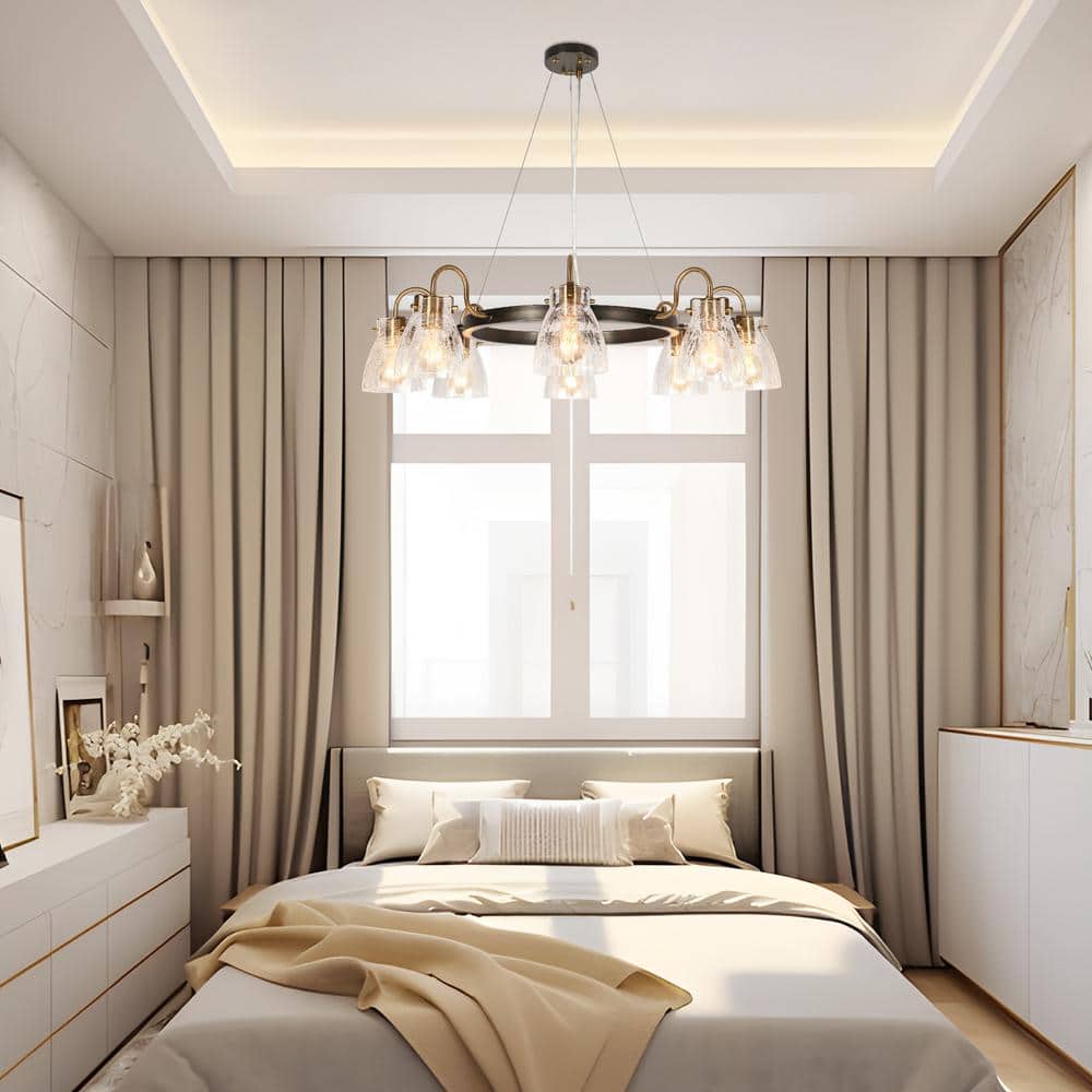 Modern Black and Gold 8-Light Crackled Glass Chandelier