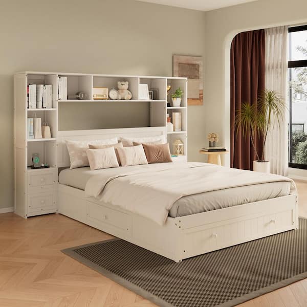 Maxwell White Wood Frame Queen Size Platform Bed with All-in-One Cabinet, Shelves, 2 Charging Station, Drawers