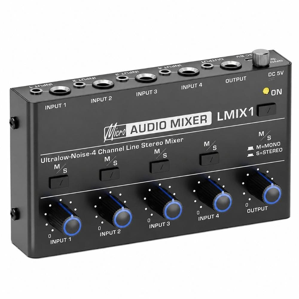 Compact 4 Channel Stereo Audio Mixer with Ultra Low Noise Line Mixing in Black Single Pack